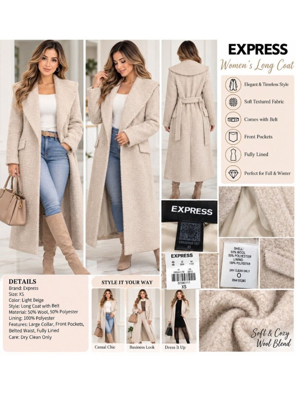 Express Women’s Long Wool Blend Coat XS Ivory Beige Belted Wrap Textured NWT